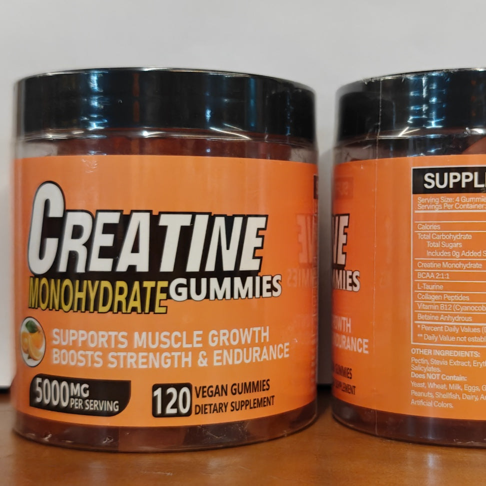 Vegan Creatine Monohydrate Gummies für Muskelwachstum und Erholung, 120 Gummis pro Behälter, 5000 mg pro Portion.