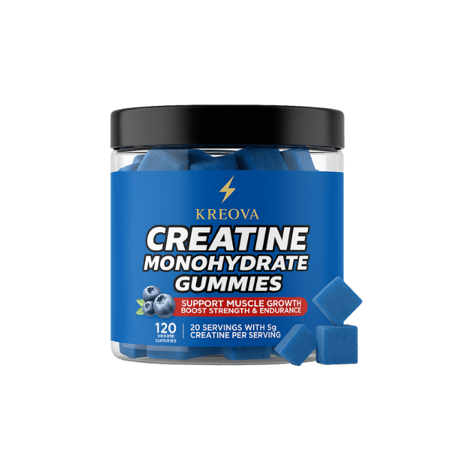KREOVA Creatine Monohydrate gummies 5000mg container with blue gummies, designed for muscle growth and strength.