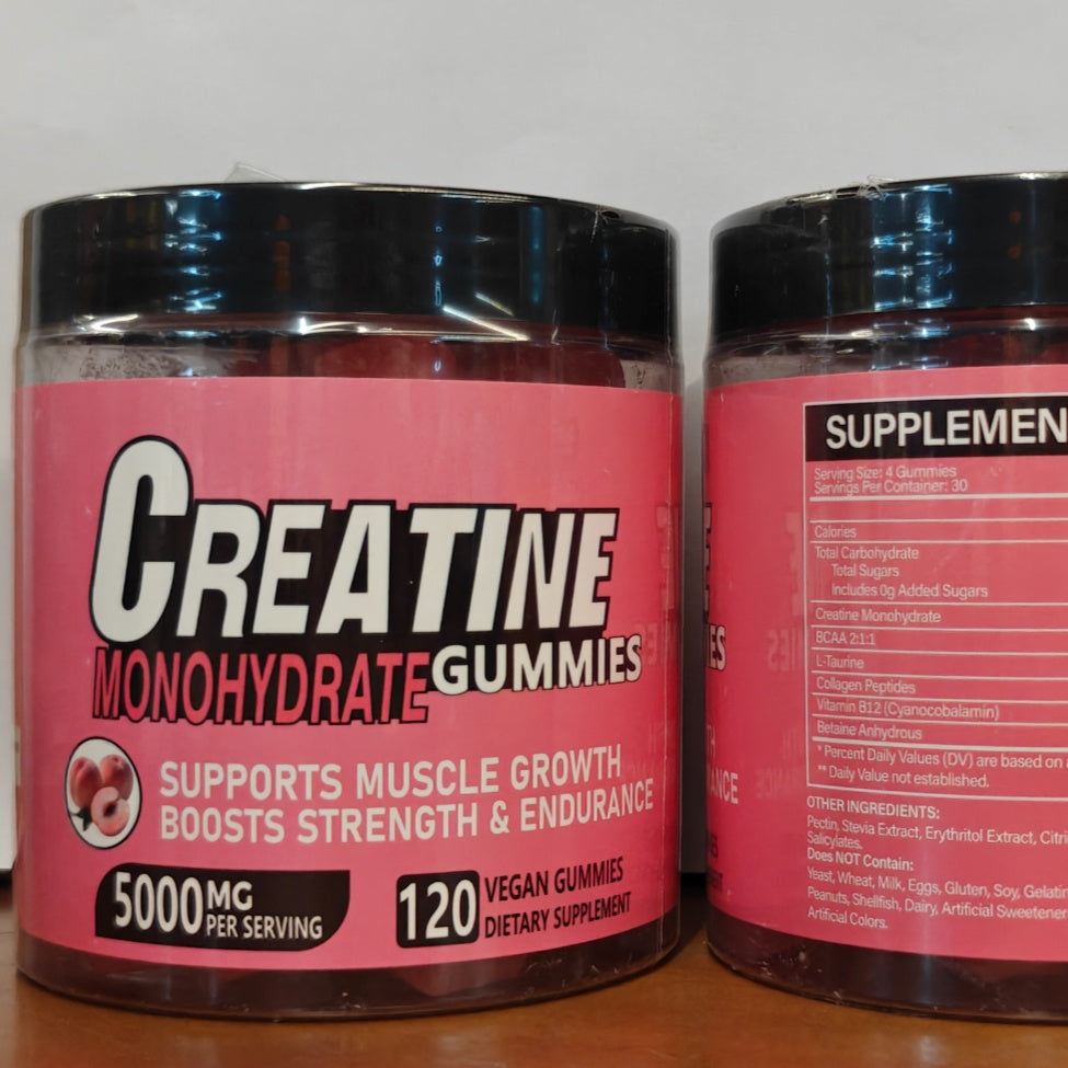Vegan Creatine Monohydrate Gummies, 5000 mg per serving, supports muscle growth and boosts strength.