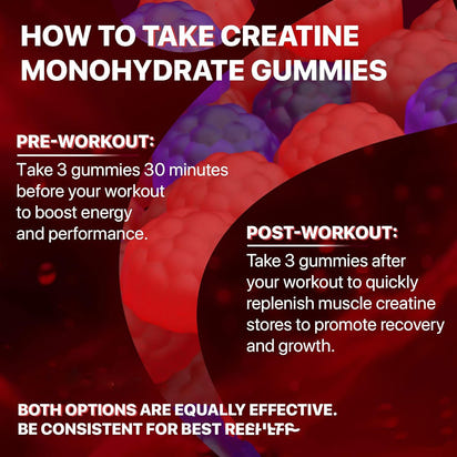 Anleitung zur Einnahme von Creatine Monohydrate Gummies vor und nach dem Workout.