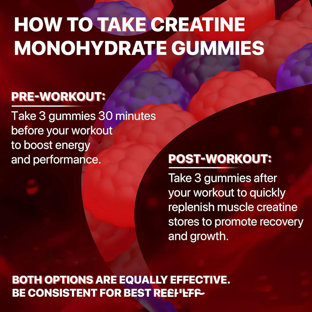 Anleitung zur Einnahme von Creatine Monohydrate Gummies vor und nach dem Workout.