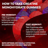 Anleitung zur Einnahme von Creatine Monohydrate Gummies vor und nach dem Workout.