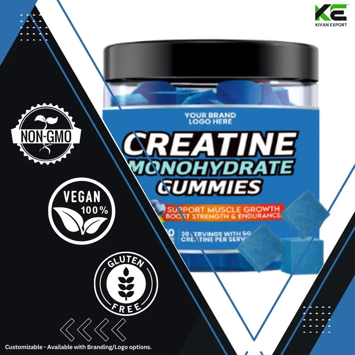 Kreatin Monohydrate Gummies Pack of 120 Gummies Boost Muscle Strength in a jar with blue gummies.
