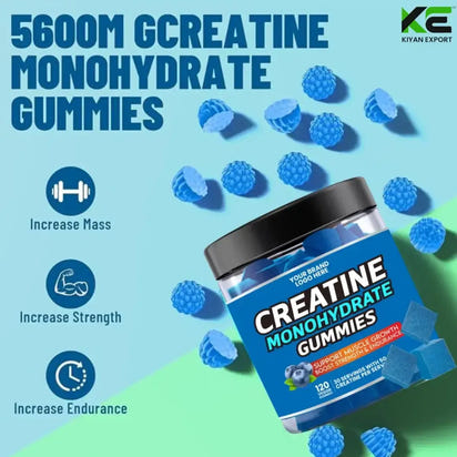 Kreatin Monohydrate Gummies Pack of 120 Gummies Boost Muscle Strength with raspberry flavor in a clear container.