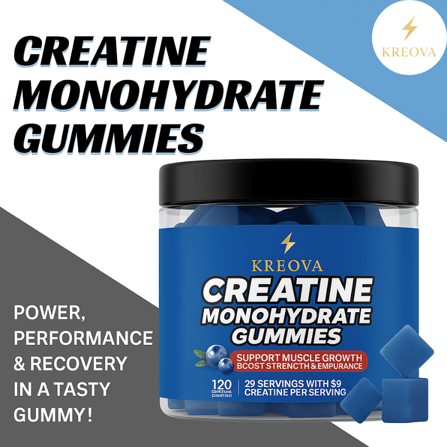 Kreatin Monohydrate Gummies Pack of 120 Gummies Boost Muscle Strength in a container, showing blue gummy candies.