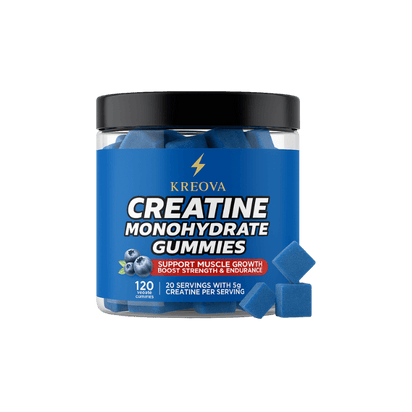 KREOVA Creatine Monohydrate gummies 5000mg container with blue gummies, designed for muscle growth and strength.