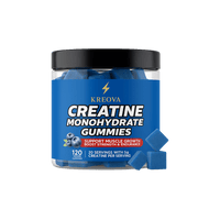 KREOVA Creatine Monohydrate gummies 5000mg container with blue gummies, designed for muscle growth and strength.