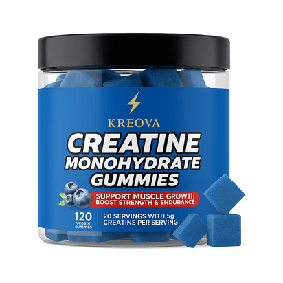 Kreatin Monohydrate Gummies Pack of 120 Gummies Boost Muscle Strength in a jar with blue gummies.