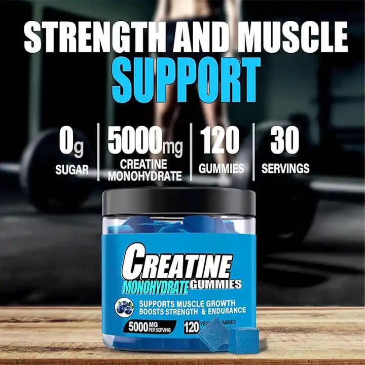 Creatine Monohydrate gummies 5000mg product image showcasing benefits and nutritional information.