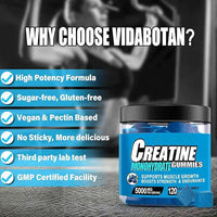 Creatine Monohydrate gummies 5000mg packaging highlighting benefits like high potency, vegan formula, and muscle growth support.