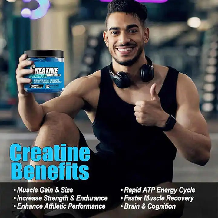 Creatine Monohydrate gummies 5000mg in a gym setting, showcasing benefits for muscle gain, strength, and athletic performance.