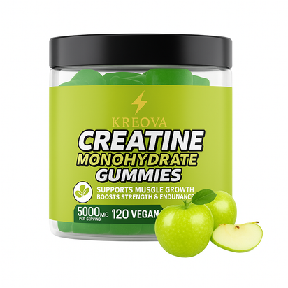 Kreova Creatine Monohydrate Gummibärchen in einem Behälter mit grünen Apfel-Gummis, unterstützt Muskelwachstum und Ausdauer.