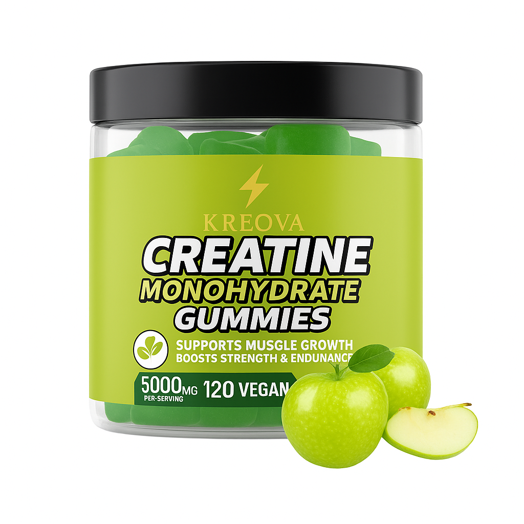 Kreova Creatine Monohydrate Gummibärchen in einem Behälter mit grünen Apfel-Gummis, unterstützt Muskelwachstum und Ausdauer.