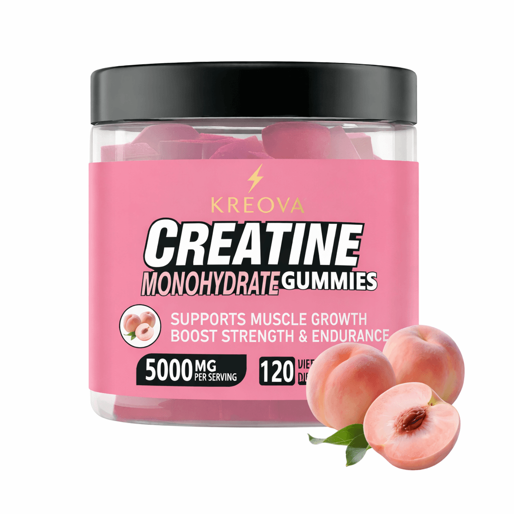Vegan Creatine Monohydrate Gummies in pink jar, supports muscle growth and recovery with 5000 mg per serving.