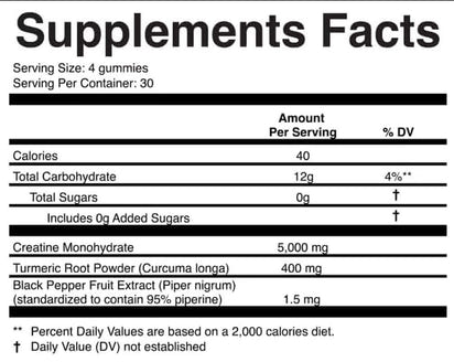 Supplements Facts for Creatine Monohydrate Gummies 5000 Mg showing nutritional information per serving.