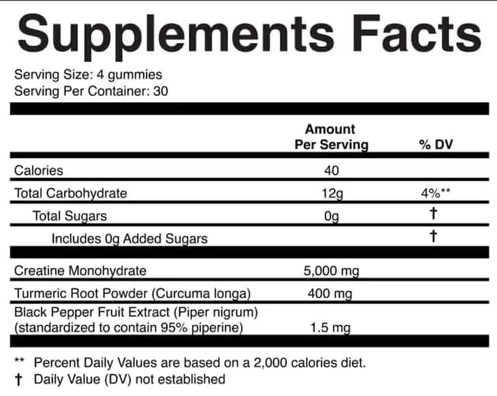 Supplements Facts for Creatine Monohydrate Gummies 5000 Mg showing nutritional information per serving.
