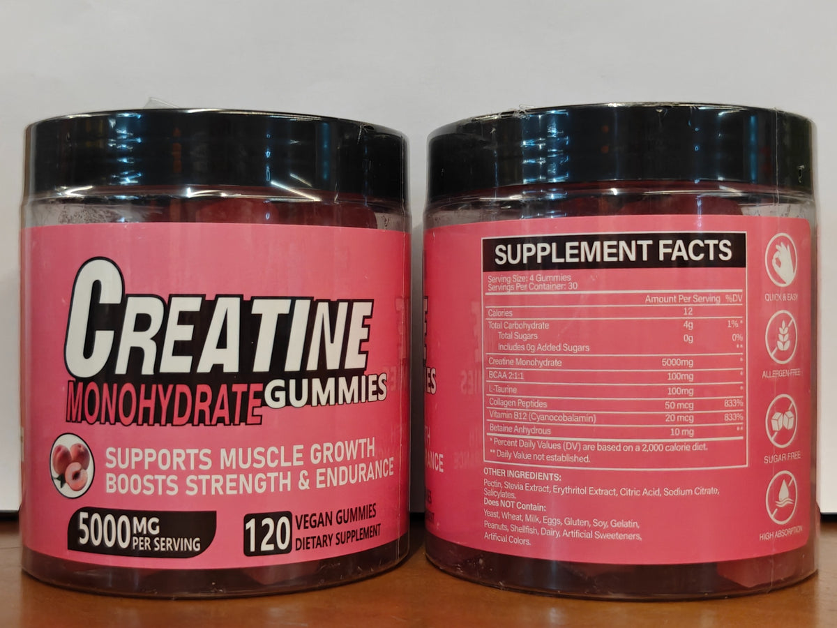 Vegan Creatine Monohydrate Gummies, 120 Stück, unterstützt Muskelwachstum und Ausdauer.