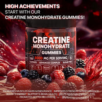 creatine gummies and vitamins in a jar with berries, 8000 mg per serving for enhanced performance and recovery.